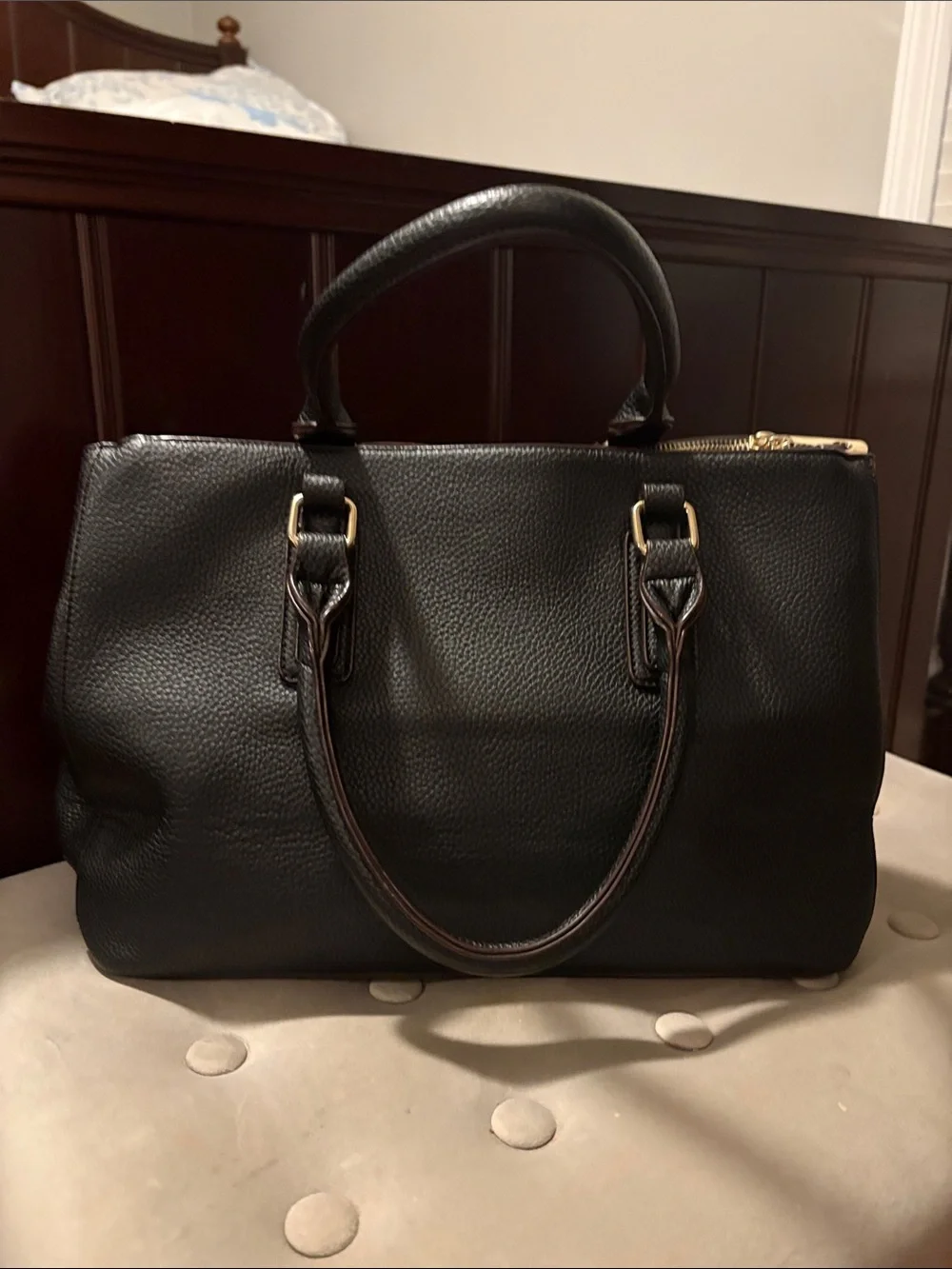 Tory Burch Black Pebbled Leather Satchel with Gold Logo